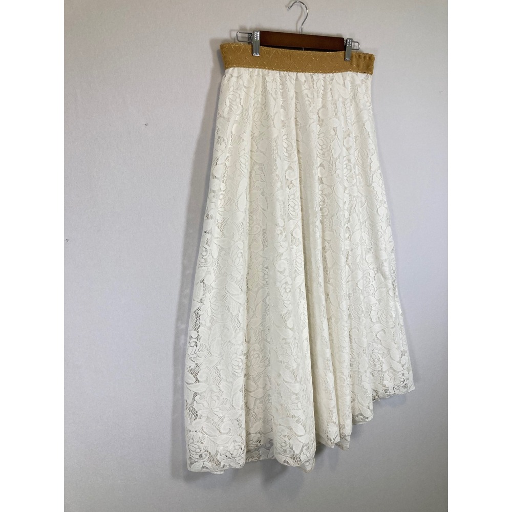 Boho Romantic LuLaRoe Women Medium White Floral Lace Maxi Skirt Gold Waistband - Picture 10 of 11